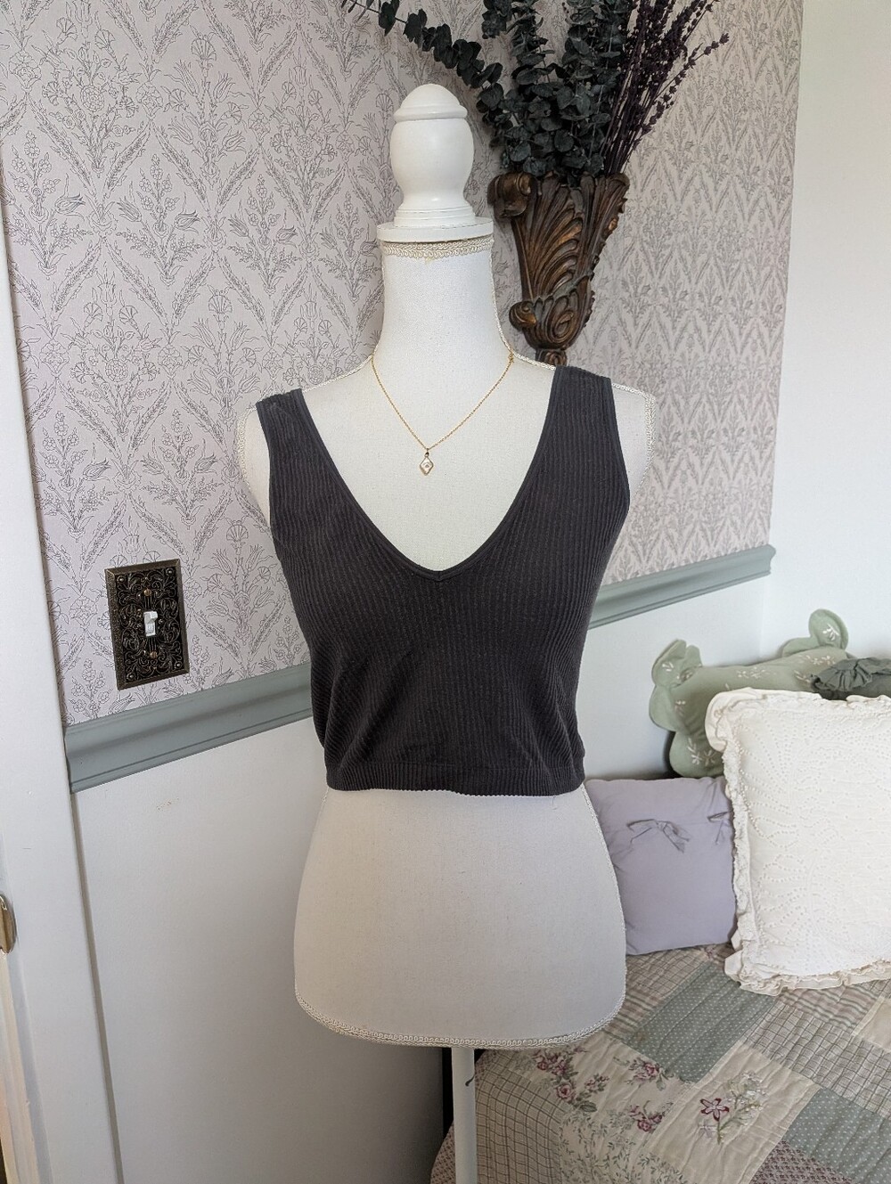 Wishlist L Charcoal Ribbed Modal Bralette Crop Tank Top Stretch